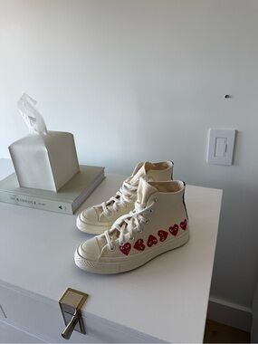 Comme des Garçons PLAY x Converse High Top Sneakers in Cream with Red Hearts